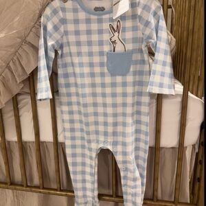 MUD PIE Baby Blue Gingham Bunny Pocket Footie
